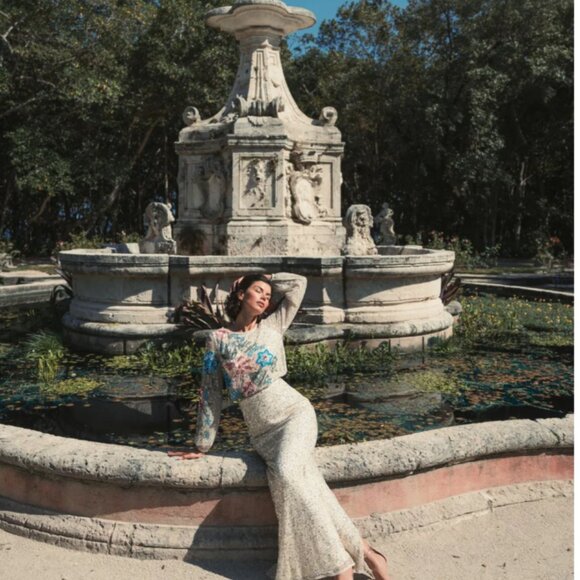 MAC DUGGAL 5615 EMBELLIHSED MULTI FLORAL HIGH NECK NUDE GOWN 14 - Picture 5 of 9